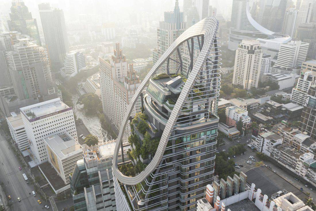 Aerial daytime view of central Bangkok towers