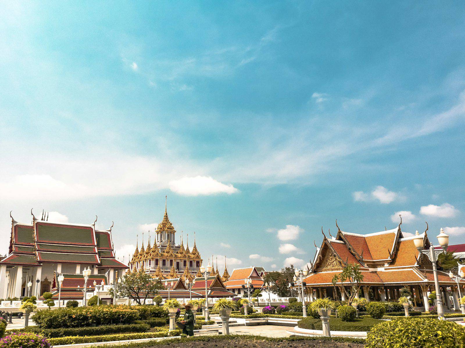 Loha Prasat and Wat Ratchanatdaram temple roofs in Bangkok Old Town