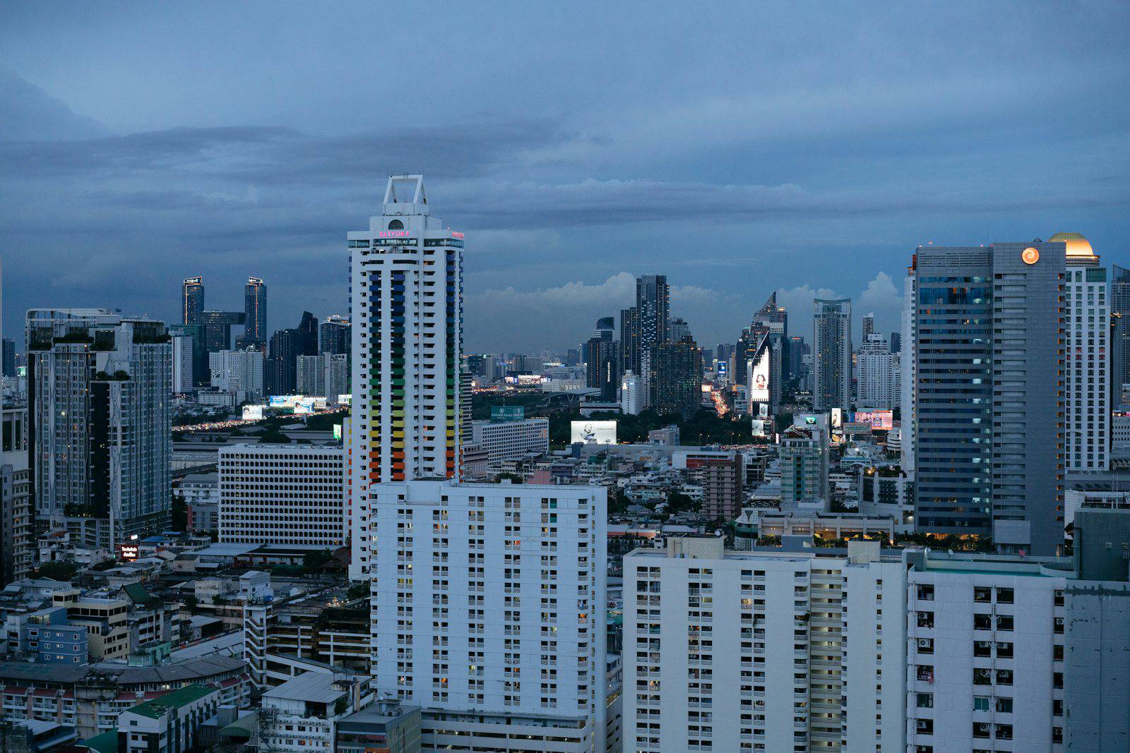 A view of a city with tall buildings