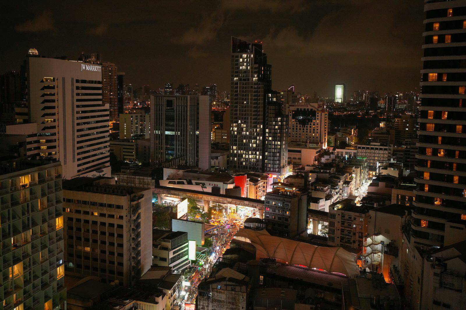 Bangkok skyline and city lights near a major shopping district