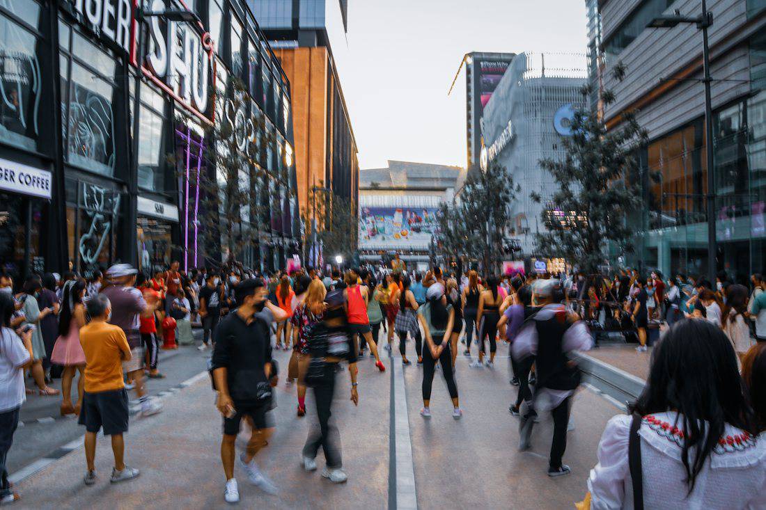 Shoppers walking through Siam Square in Bangkok