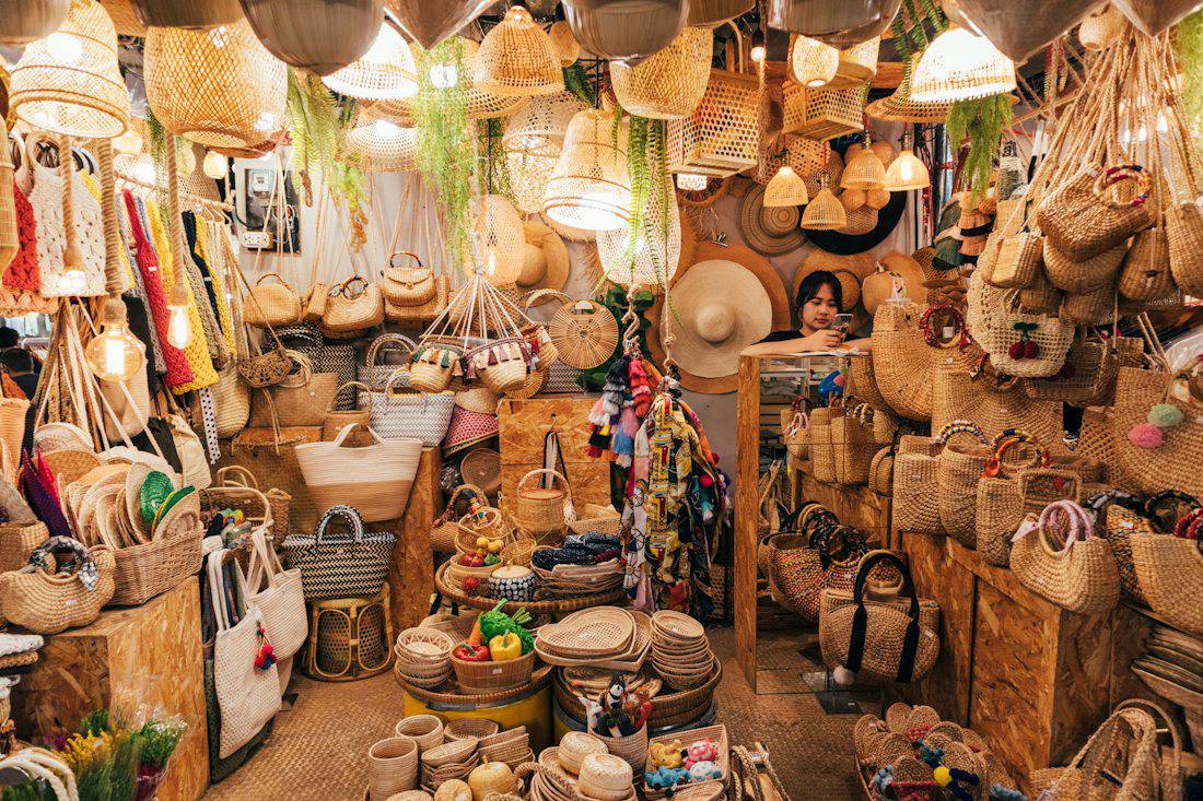 Woven baskets and handmade goods at a Bangkok market stall