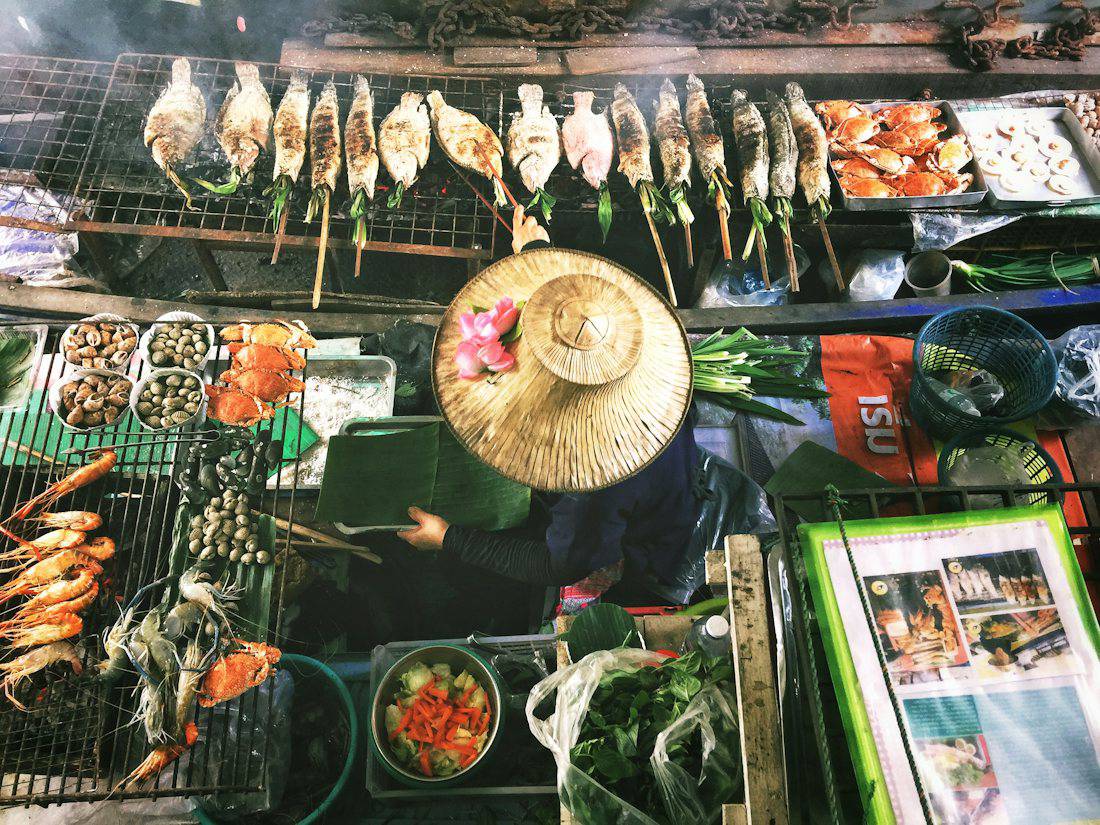 Grilled seafood and fish at a Bangkok street food stall